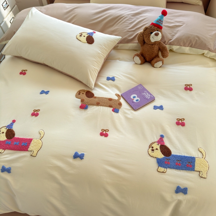 91家纺网 家纺一手货源 找家纺 如意朵 2026新款全棉小清新绣花四件套第一批 狗狗家族