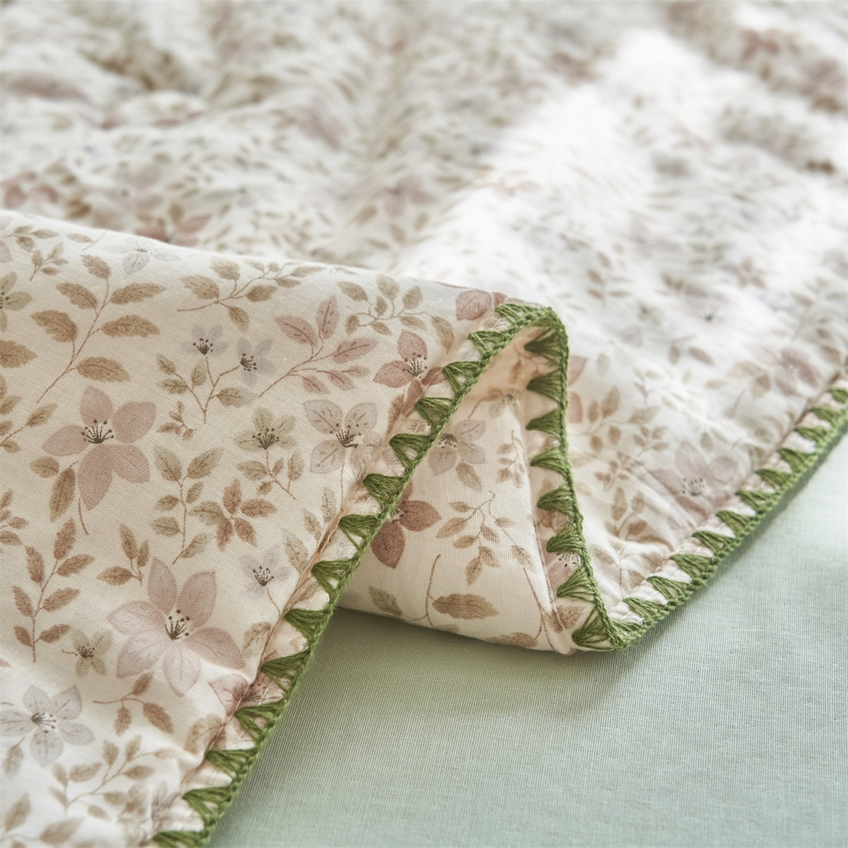 91家纺网 家纺一手货源 找家纺 恬思语家纺 2026春夏全棉双层纱棉花夏被空调被夏凉被四件套贝壳边系列 浅花町