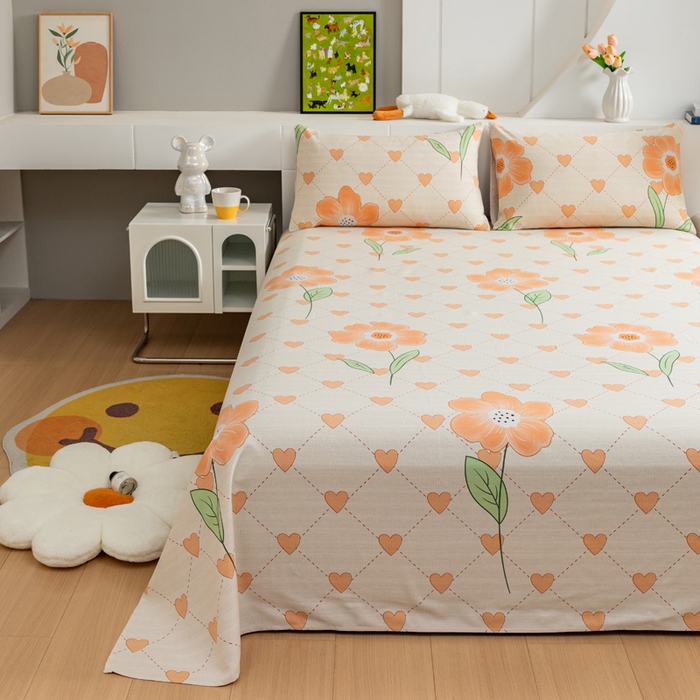 91家纺网 家纺一手货源 找家纺 居美良品 2026新款加厚215克老粗布床单卡通花卉可做凉席二三件套 爱心花朵