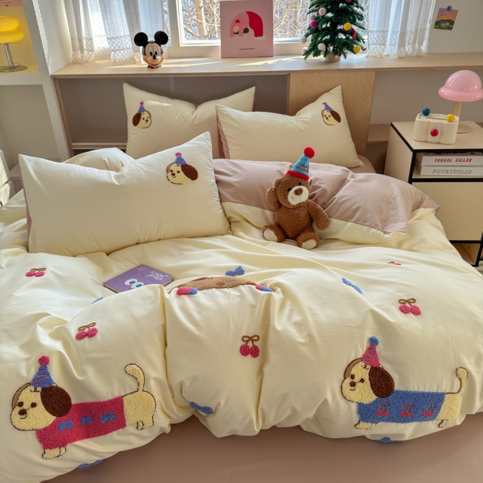 91家纺网 家纺一手货源 找家纺 如意朵 2026新款全棉小清新绣花四件套第一批 狗狗家族