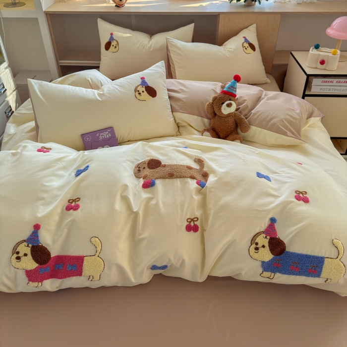 91家纺网 家纺一手货源 找家纺 如意朵 2026新款全棉小清新绣花四件套第一批 狗狗家族