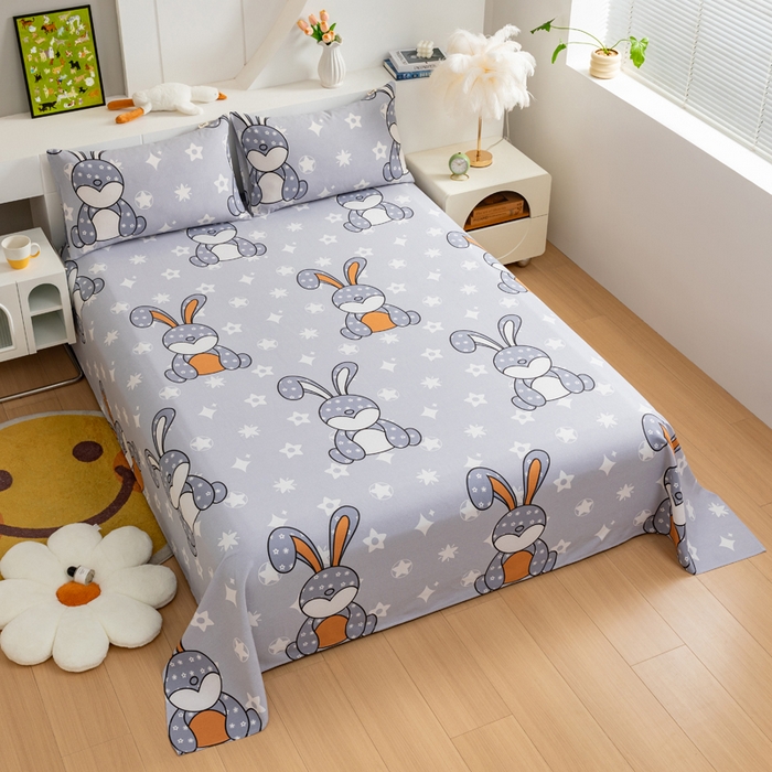 91家纺网 家纺一手货源 找家纺 居美良品 2026新款加厚215克老粗布床单卡通花卉可做凉席二三件套 朵朵兔