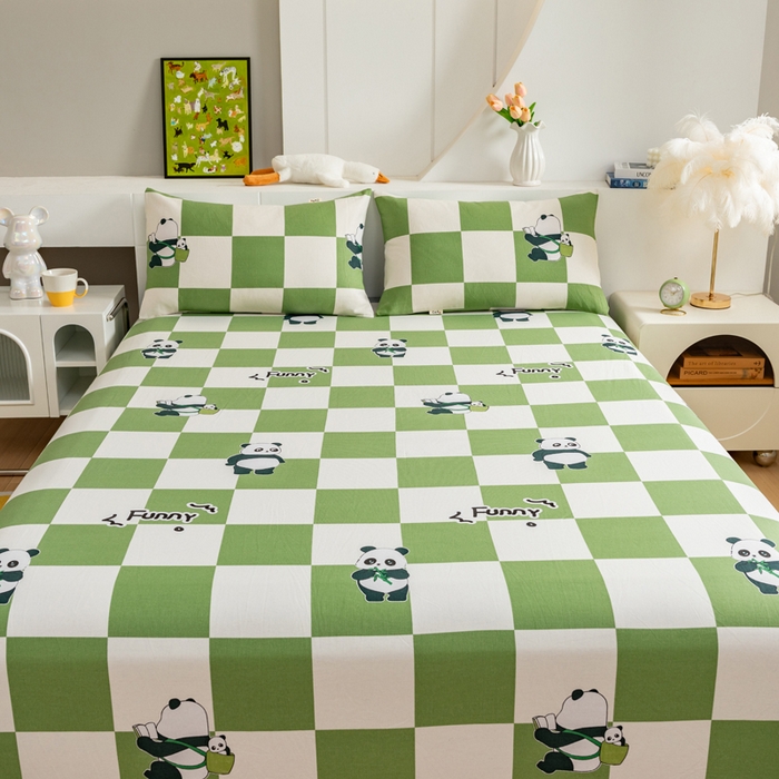 91家纺网 家纺一手货源 找家纺 居美良品 2026新款加厚215克老粗布床单卡通花卉可做凉席二三件套 熊猫宝贝