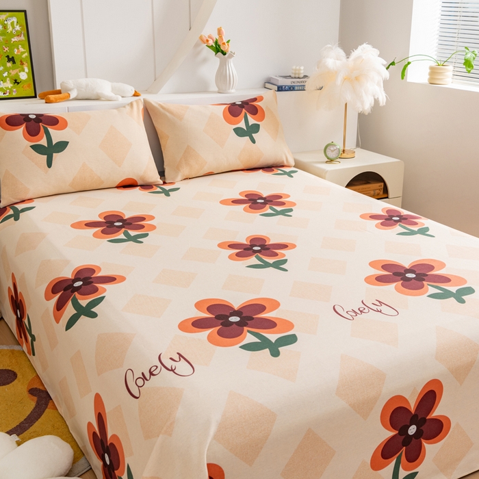 91家纺网 家纺一手货源 找家纺 居美良品 2026新款加厚215克老粗布床单卡通花卉可做凉席二三件套 幽雅