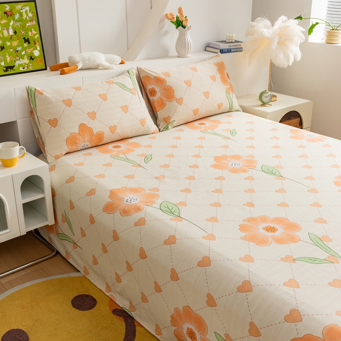 91家纺网 家纺一手货源 找家纺 居美良品 2026新款加厚215克老粗布床单卡通花卉可做凉席二三件套 爱心花朵