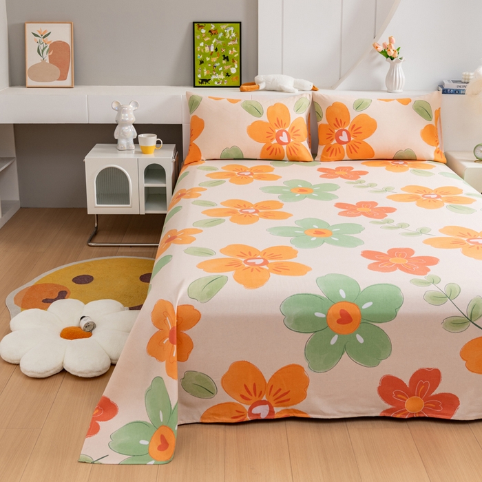 91家纺网 家纺一手货源 找家纺 居美良品 2026新款加厚215克老粗布床单卡通花卉可做凉席二三件套 绚丽