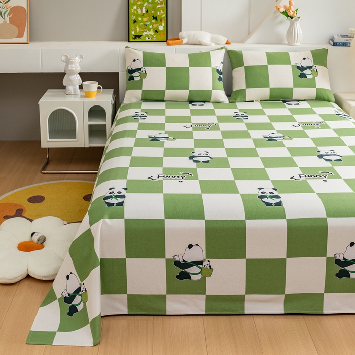 91家纺网 家纺一手货源 找家纺 居美良品 2026新款加厚215克老粗布床单卡通花卉可做凉席二三件套 熊猫宝贝