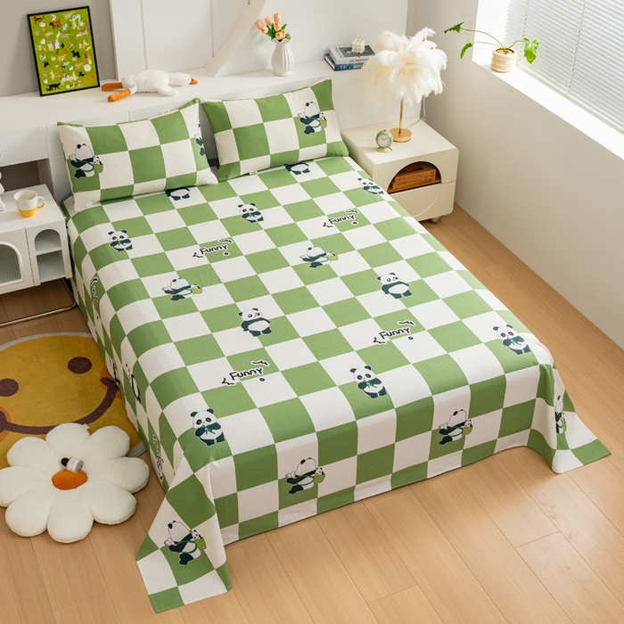 91家纺网 家纺一手货源 找家纺 居美良品 2026新款加厚215克老粗布床单卡通花卉可做凉席二三件套 熊猫宝贝