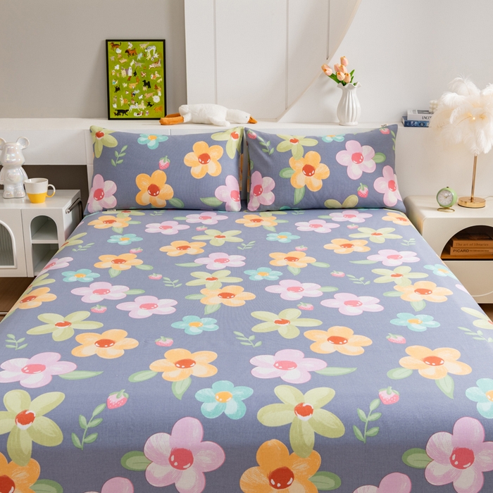 91家纺网 家纺一手货源 找家纺 居美良品 2026新款加厚215克老粗布床单卡通花卉可做凉席二三件套 莓影缤纷