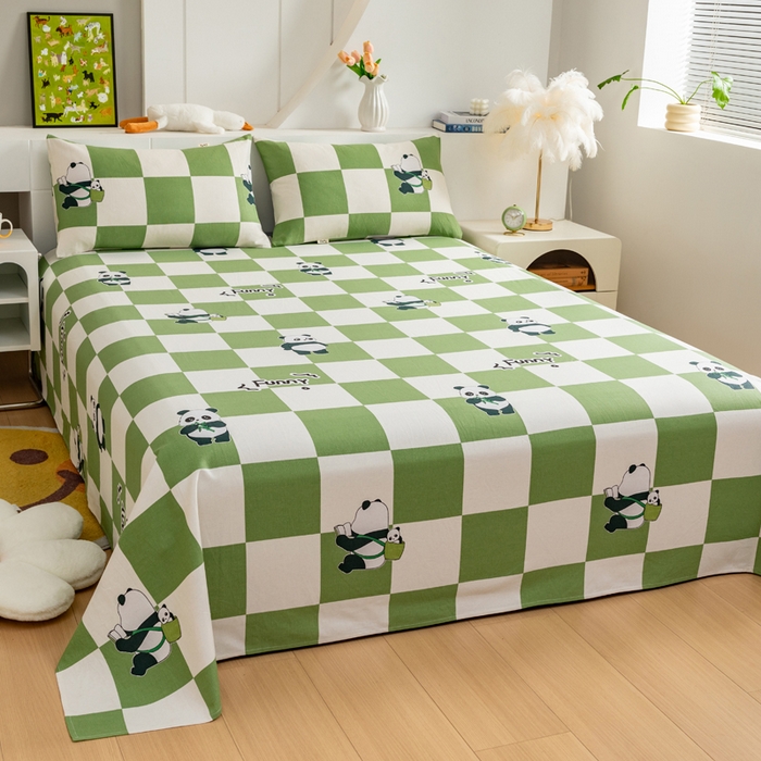 91家纺网 家纺一手货源 找家纺 居美良品 2026新款加厚215克老粗布床单卡通花卉可做凉席二三件套 熊猫宝贝