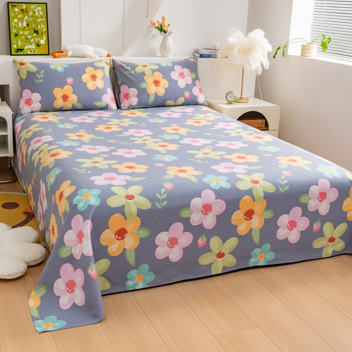 91家纺网 家纺一手货源 找家纺 居美良品 2026新款加厚215克老粗布床单卡通花卉可做凉席二三件套 莓影缤纷