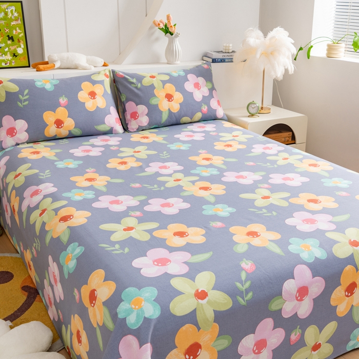 91家纺网 家纺一手货源 找家纺 居美良品 2026新款加厚215克老粗布床单卡通花卉可做凉席二三件套 莓影缤纷