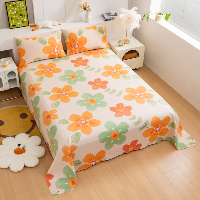 91家纺网 家纺一手货源 找家纺 居美良品 2026新款加厚215克老粗布床单卡通花卉可做凉席二三件套 绚丽