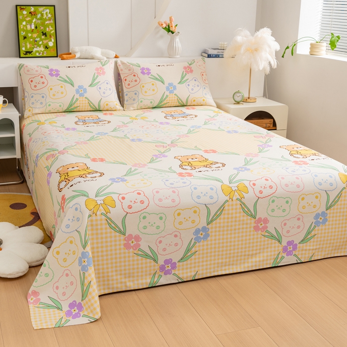 91家纺网 家纺一手货源 找家纺 居美良品 2026新款加厚215克老粗布床单卡通花卉可做凉席二三件套 花园熊