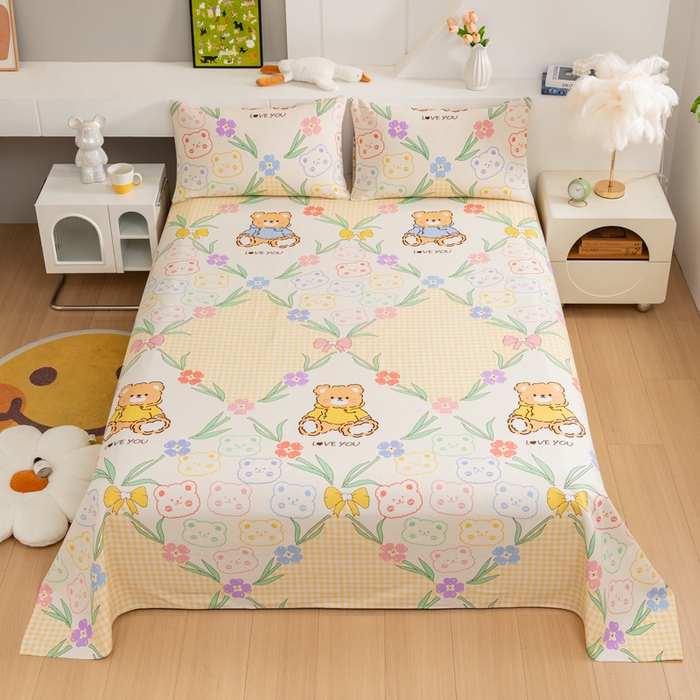 91家纺网 家纺一手货源 找家纺 居美良品 2026新款加厚215克老粗布床单卡通花卉可做凉席二三件套 花园熊