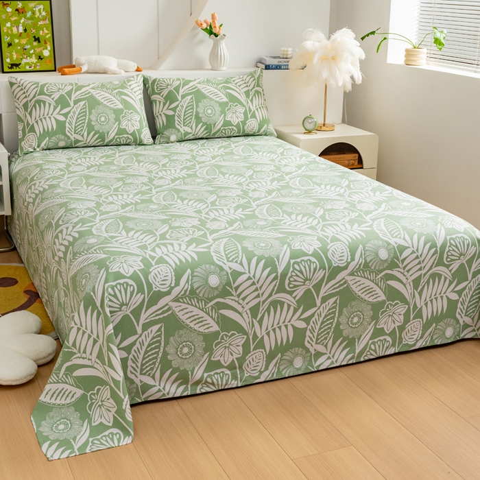 91家纺网 家纺一手货源 找家纺 居美良品 2026新款加厚215克老粗布床单卡通花卉可做凉席二三件套 绿意盎然