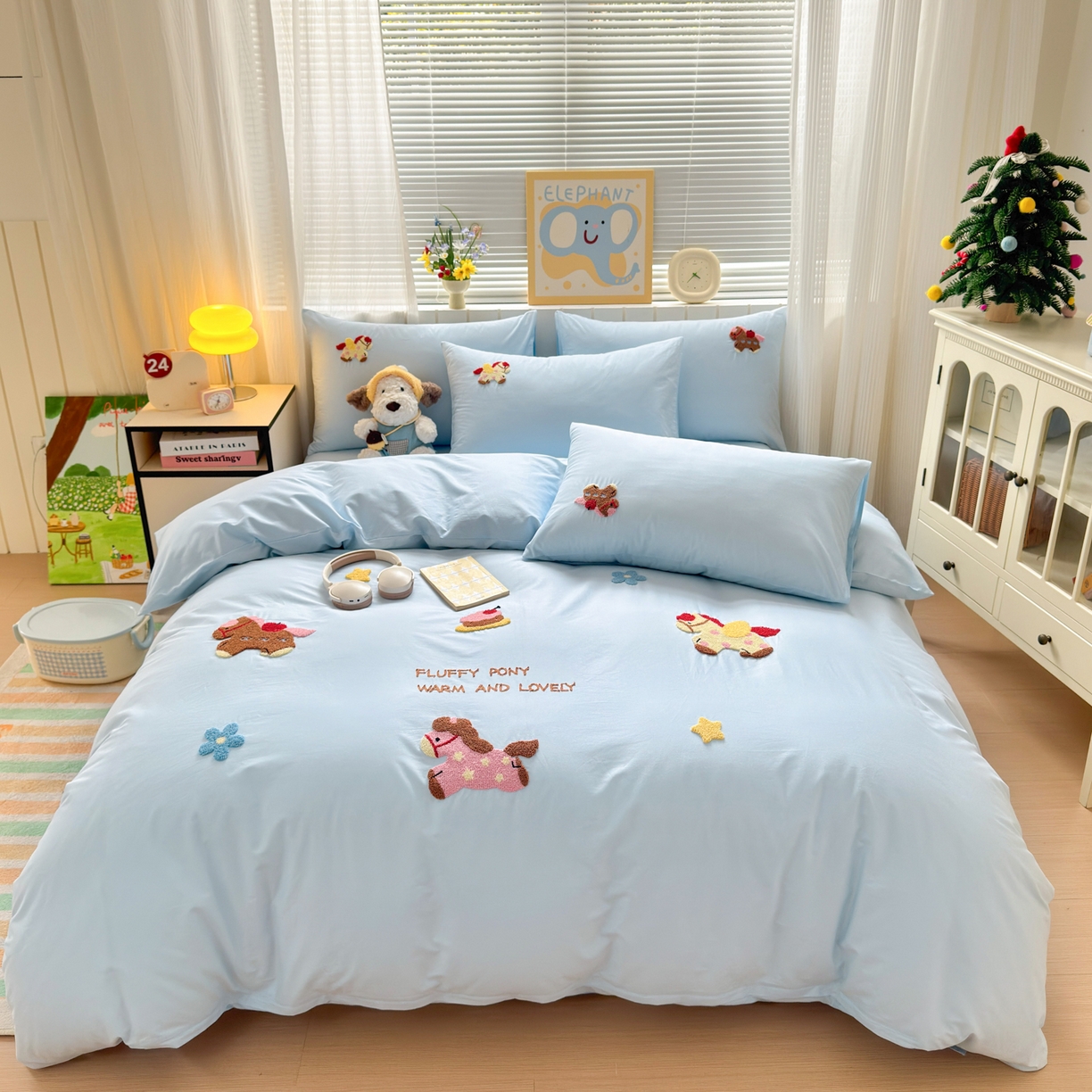 如意朵 2026新款全棉小清新绣花四件套第一批 快乐小马蓝