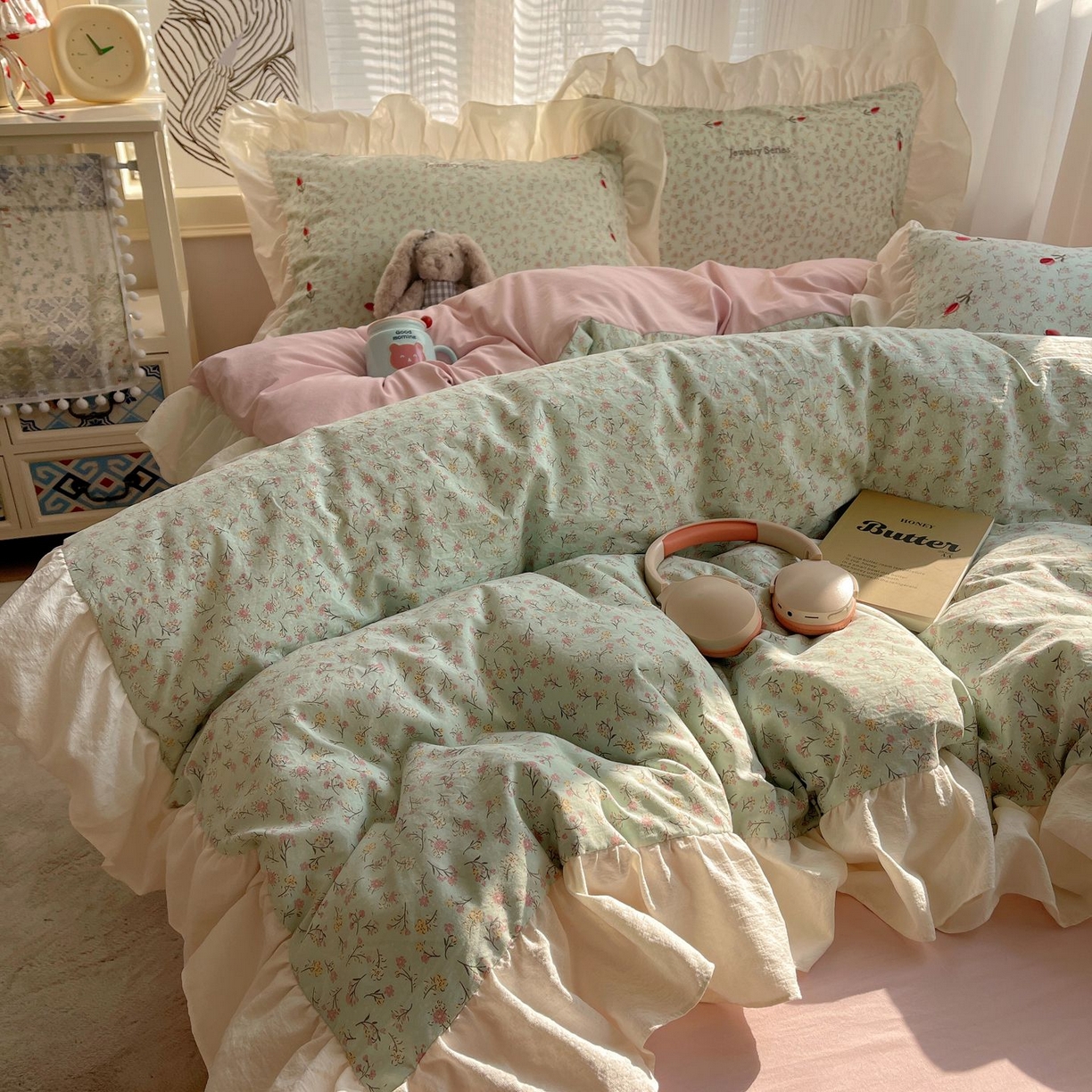 91家纺网 家纺一手货源 找家纺 圣比熊 2026新款A类云朵棉亲肤四季款刺绣1.8m四件套席床单宿舍绣花1.5米三件套 薄荷之夏（刺绣款）