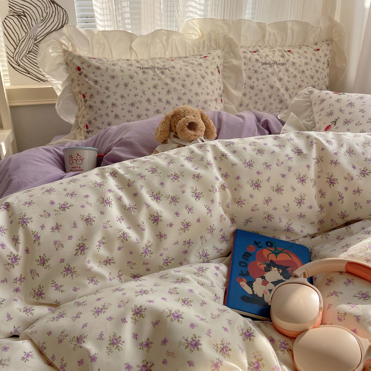 91家纺网 家纺一手货源 找家纺 圣比熊 2026新款A类云朵棉亲肤四季款刺绣1.8m四件套席床单宿舍绣花1.5米三件套 欣欣花语-紫（刺绣款）