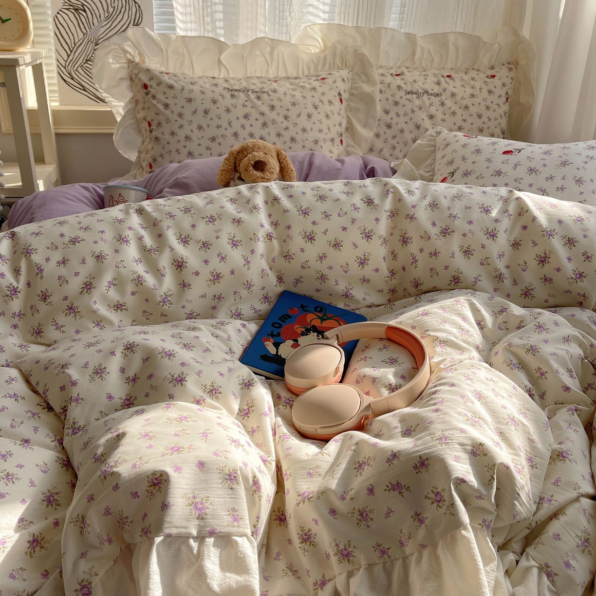 91家纺网 家纺一手货源 找家纺 圣比熊 2026新款A类云朵棉亲肤四季款刺绣1.8m四件套席床单宿舍绣花1.5米三件套 欣欣花语-紫（刺绣款）