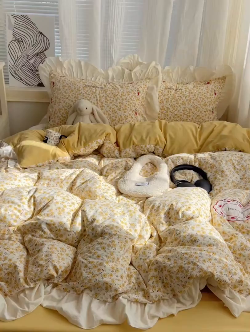 91家纺网 家纺一手货源 找家纺 圣比熊 2026新款A类云朵棉亲肤四季款刺绣1.8m四件套席床单宿舍绣花1.5米三件套 春日暖阳（刺绣款）