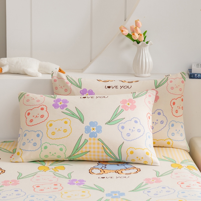 居美良品 2026新款加厚215克老粗布枕套卡通花卉可做凉席二三件套 花园熊