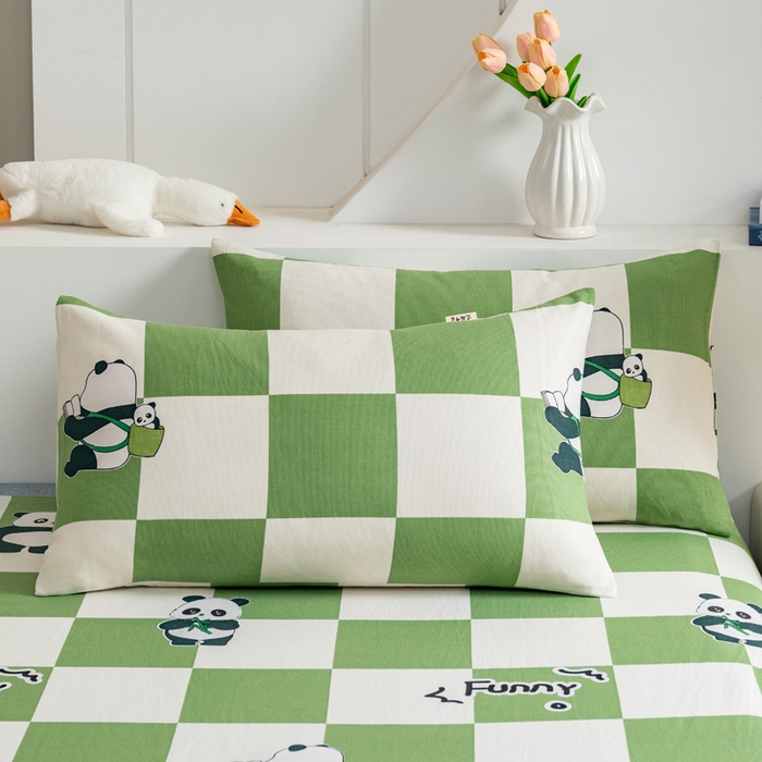 居美良品 2026新款加厚215克老粗布枕套卡通花卉可做凉席二三件套 熊猫宝贝