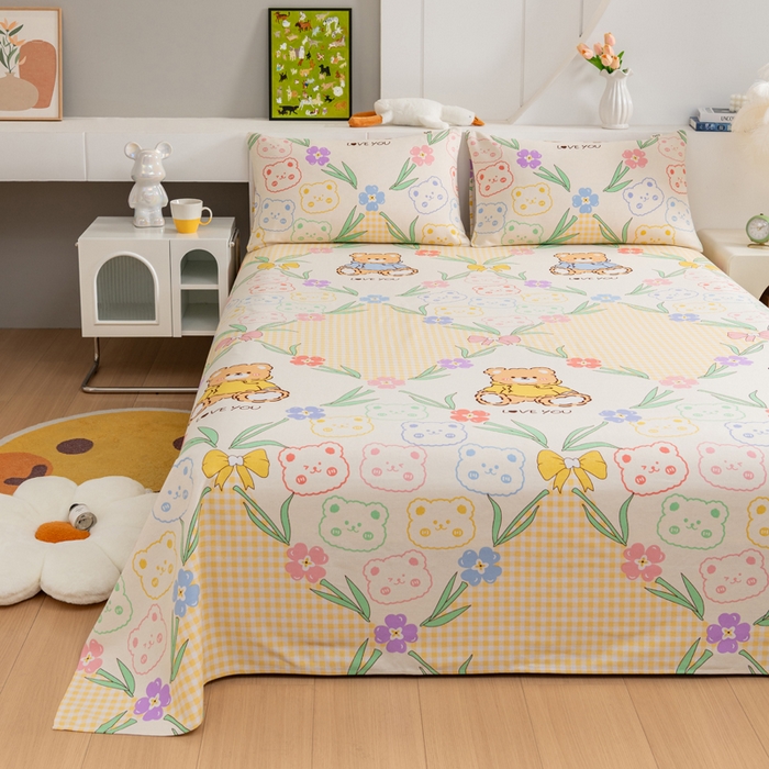 91家纺网 家纺一手货源 找家纺 居美良品 2026新款加厚215克老粗布枕套卡通花卉可做凉席二三件套 花园熊