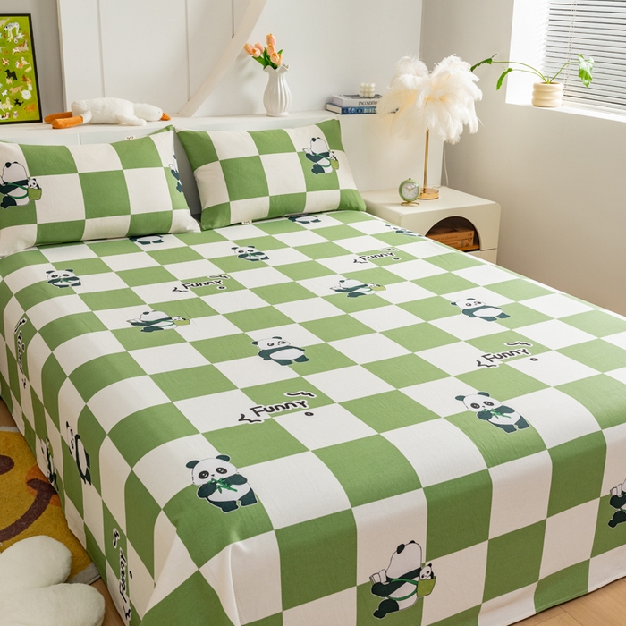 91家纺网 家纺一手货源 找家纺 居美良品 2026新款加厚215克老粗布枕套卡通花卉可做凉席二三件套 熊猫宝贝