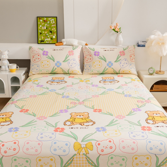 91家纺网 家纺一手货源 找家纺 居美良品 2026新款加厚215克老粗布枕套卡通花卉可做凉席二三件套 花园熊