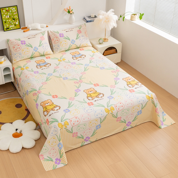 91家纺网 家纺一手货源 找家纺 居美良品 2026新款加厚215克老粗布枕套卡通花卉可做凉席二三件套 花园熊