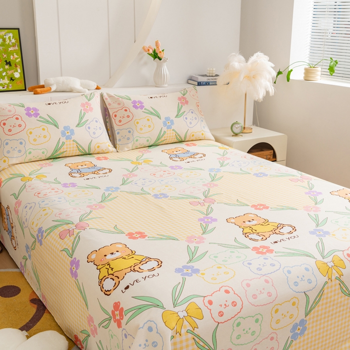 91家纺网 家纺一手货源 找家纺 居美良品 2026新款加厚215克老粗布枕套卡通花卉可做凉席二三件套 花园熊