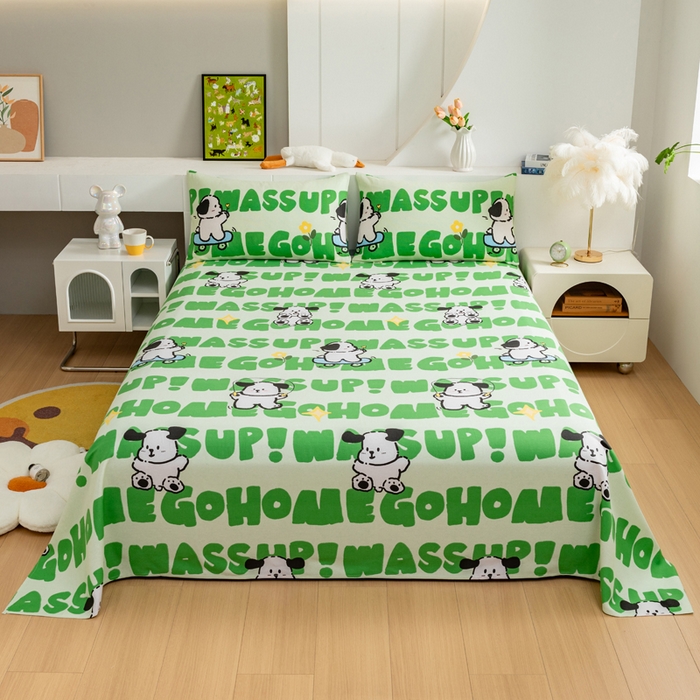 91家纺网 家纺一手货源 找家纺 居美良品 2026新款加厚215克老粗布枕套卡通花卉可做凉席二三件套 滑板狗