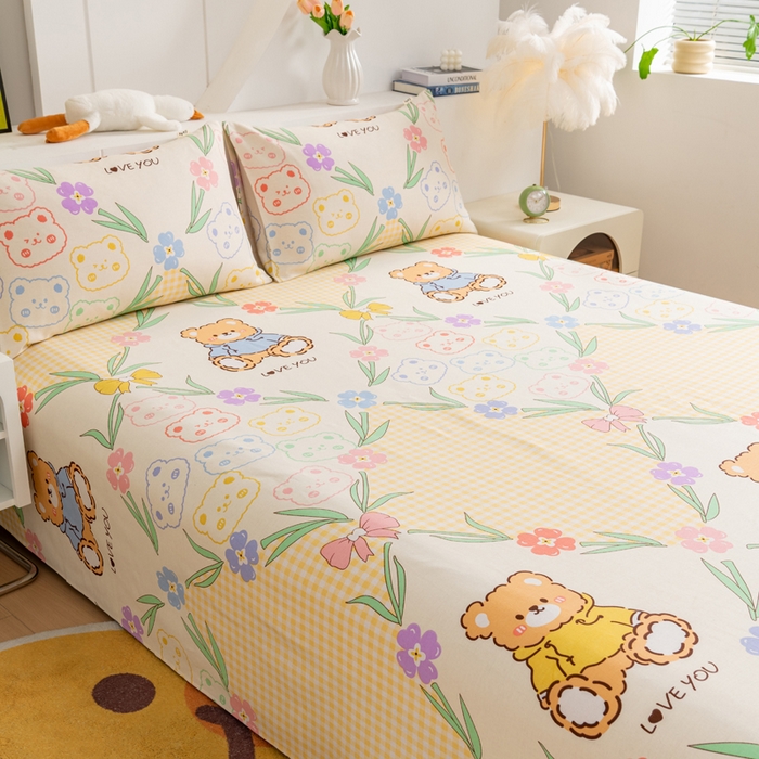 91家纺网 家纺一手货源 找家纺 居美良品 2026新款加厚215克老粗布枕套卡通花卉可做凉席二三件套 花园熊