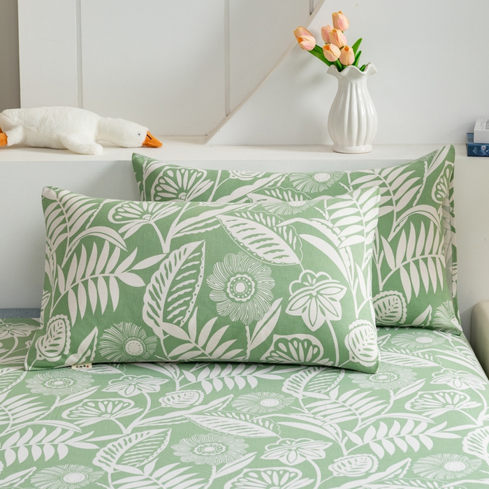 居美良品 2026新款加厚215克老粗布枕套卡通花卉可做凉席二三件套 绿意盎然