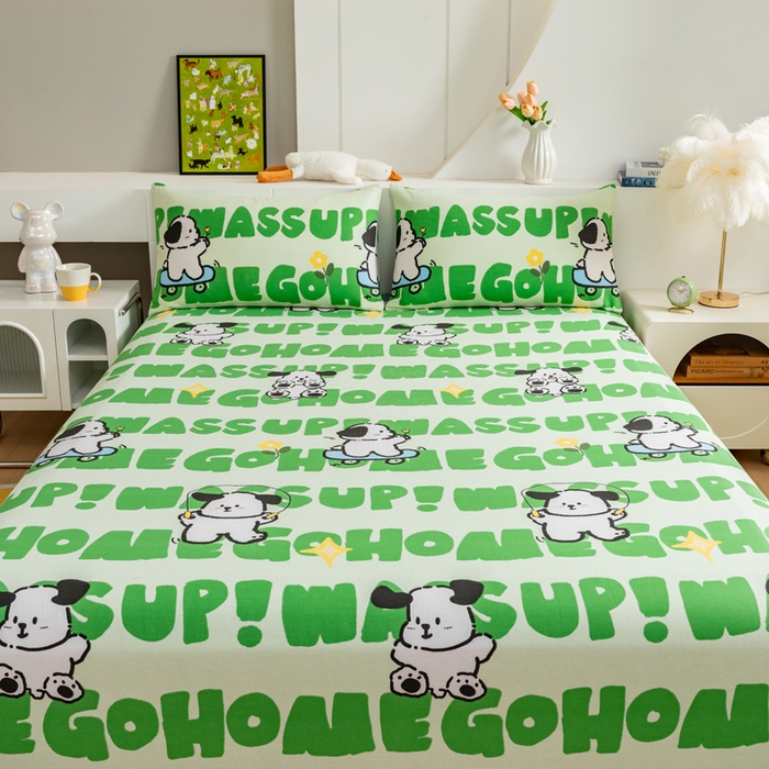 91家纺网 家纺一手货源 找家纺 居美良品 2026新款加厚215克老粗布枕套卡通花卉可做凉席二三件套 滑板狗