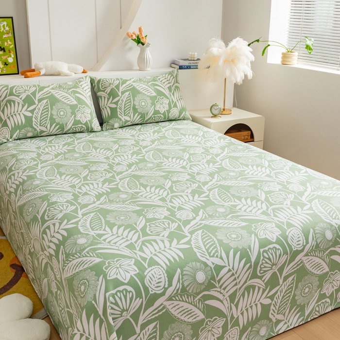 91家纺网 家纺一手货源 找家纺 居美良品 2026新款加厚215克老粗布枕套卡通花卉可做凉席二三件套 绿意盎然