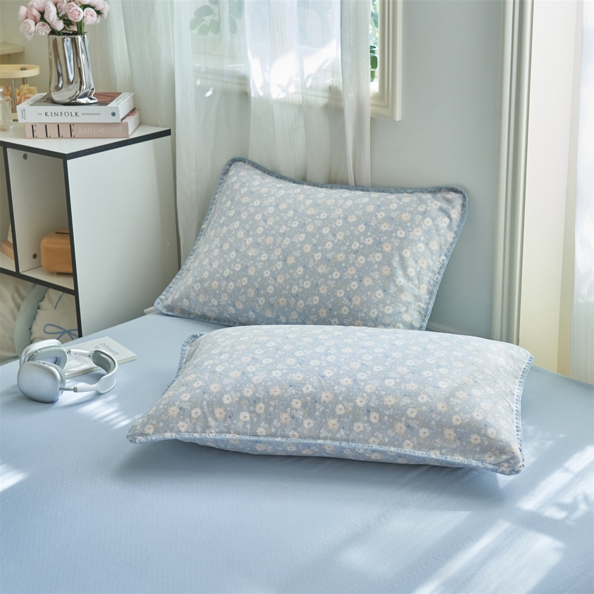 91家纺网 家纺一手货源 找家纺 恬思语家纺 2026春夏全棉双层纱棉花夏被空调被夏凉被四件套贝壳边系列 云絮花-蓝