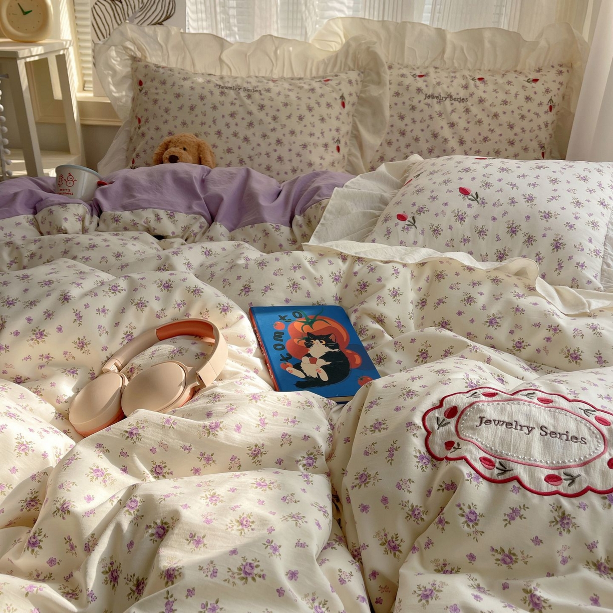 91家纺网 家纺一手货源 找家纺 梦舒羽 2026新款A类云朵棉亲肤四季款刺绣1.8m四件套席床单宿舍绣花1.5米三件套 欣欣花语-紫（刺绣款）