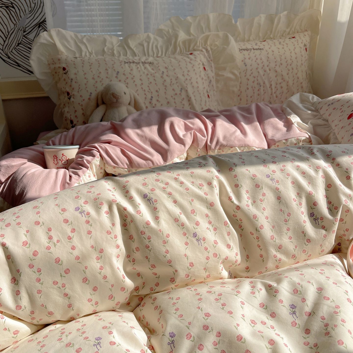 91家纺网 家纺一手货源 找家纺 梦舒羽 2026新款A类云朵棉亲肤四季款刺绣1.8m四件套席床单宿舍绣花1.5米三件套 花漾甜心（刺绣款）