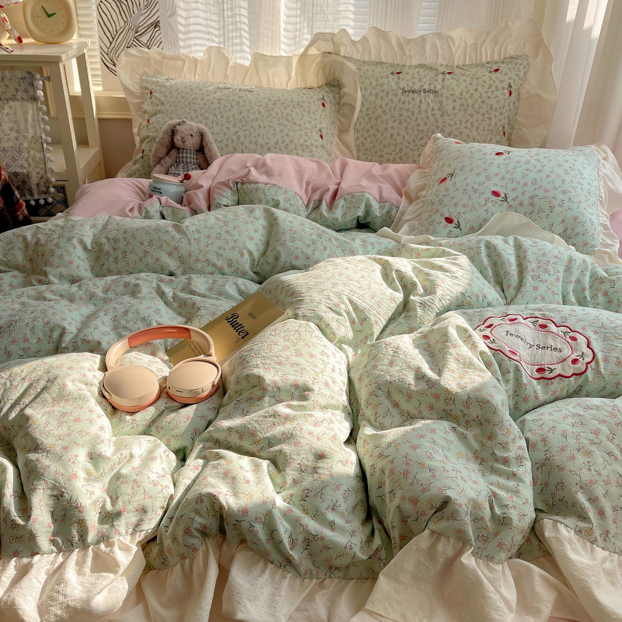 91家纺网 家纺一手货源 找家纺 梦舒羽 2026新款A类云朵棉亲肤四季款刺绣1.8m四件套席床单宿舍绣花1.5米三件套 薄荷之夏（刺绣款）