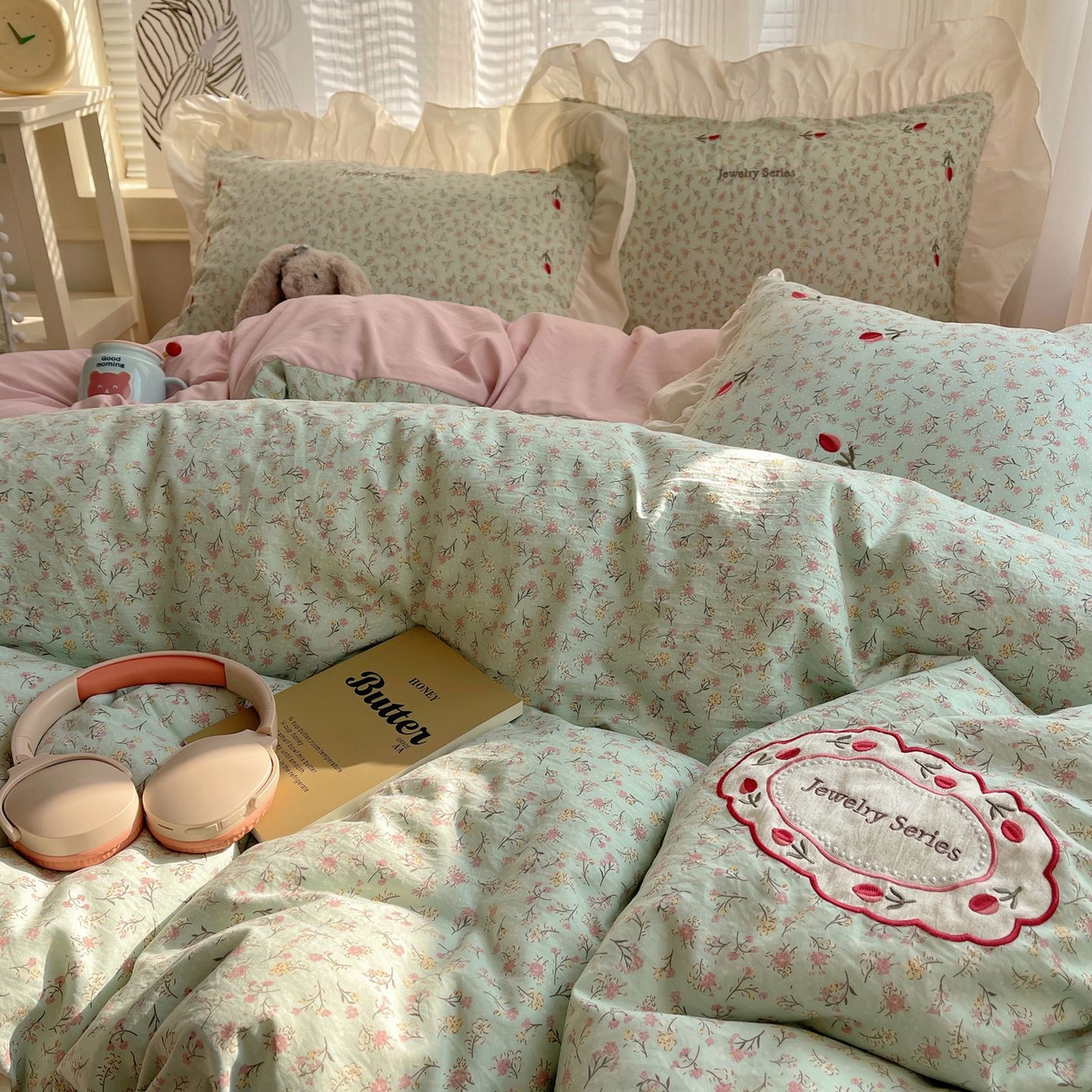 91家纺网 家纺一手货源 找家纺 梦舒羽 2026新款A类云朵棉亲肤四季款刺绣1.8m四件套席床单宿舍绣花1.5米三件套 薄荷之夏（刺绣款）