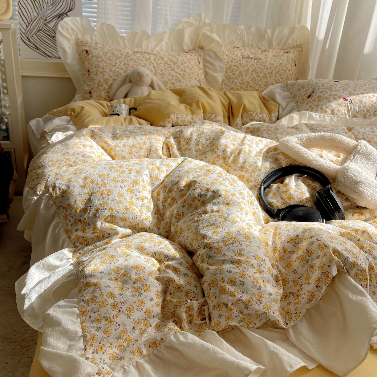 91家纺网 家纺一手货源 找家纺 梦舒羽 2026新款A类云朵棉亲肤四季款刺绣1.8m四件套席床单宿舍绣花1.5米三件套 春日暖阳（刺绣款）