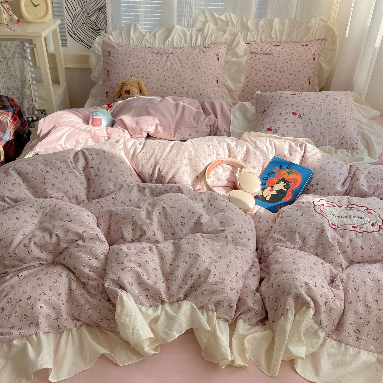 梦舒羽 2026新款A类云朵棉亲肤四季款刺绣1.8m四件套席床单宿舍绣花1.5米三件套 爱丽丝-粉（刺绣款）