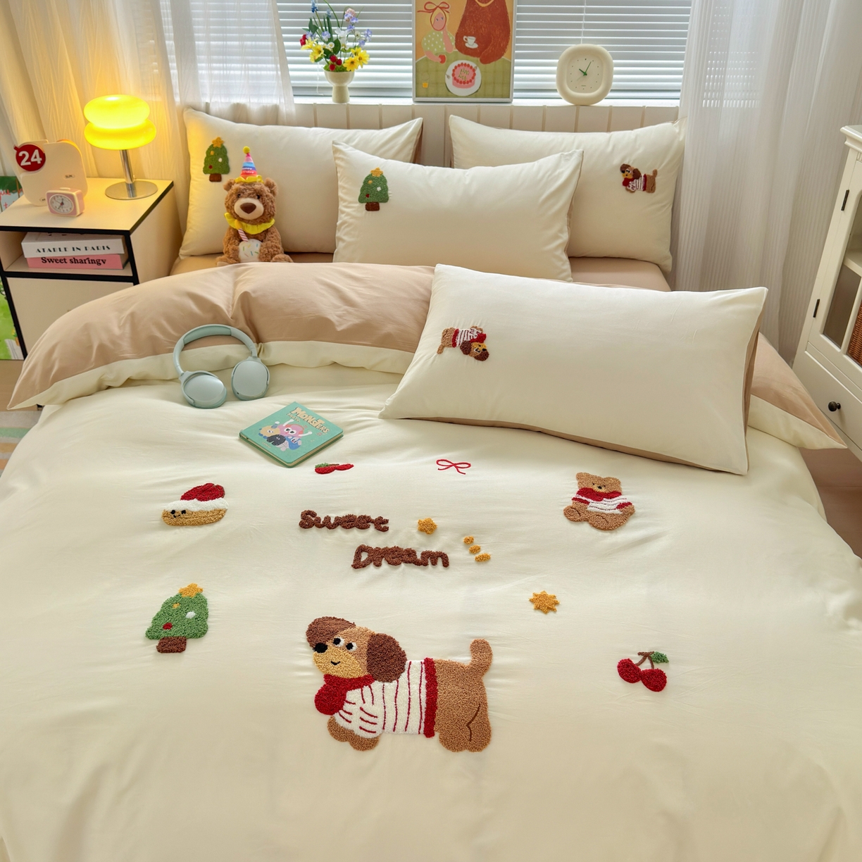 91家纺网 家纺一手货源 找家纺 如意朵 2026新款全棉小清新绣花四件套第一批 梦想狗狗