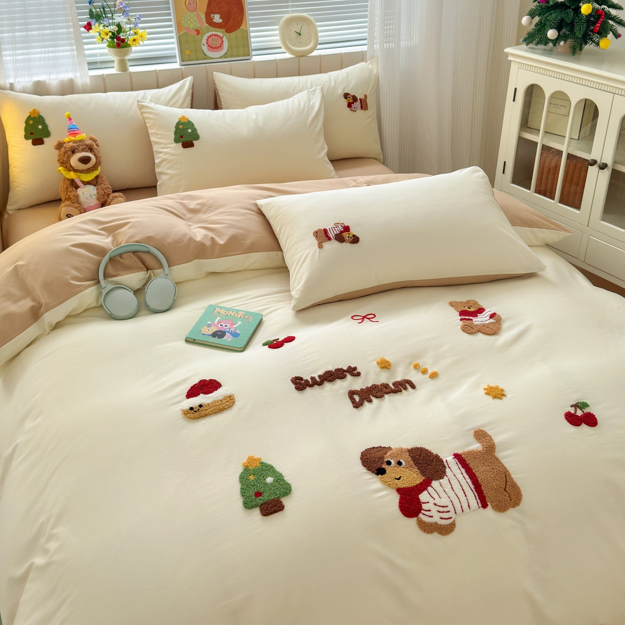 91家纺网 家纺一手货源 找家纺 如意朵 2026新款全棉小清新绣花四件套第一批 梦想狗狗