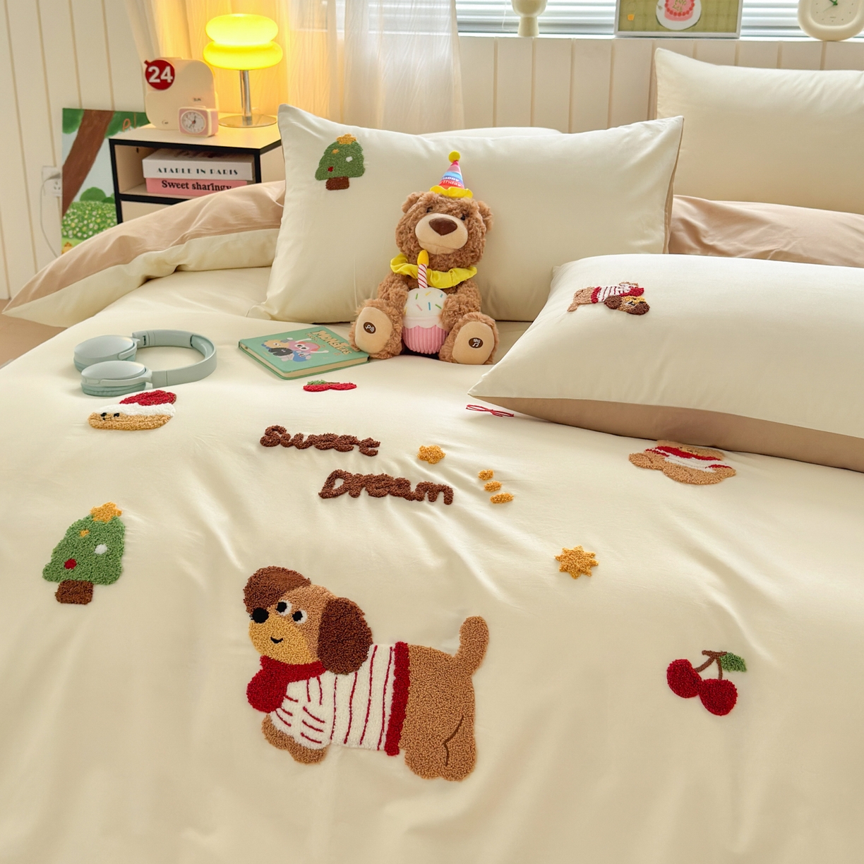 91家纺网 家纺一手货源 找家纺 如意朵 2026新款全棉小清新绣花四件套第一批 梦想狗狗