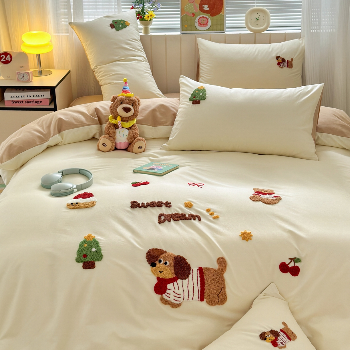 91家纺网 家纺一手货源 找家纺 如意朵 2026新款全棉小清新绣花四件套第一批 梦想狗狗