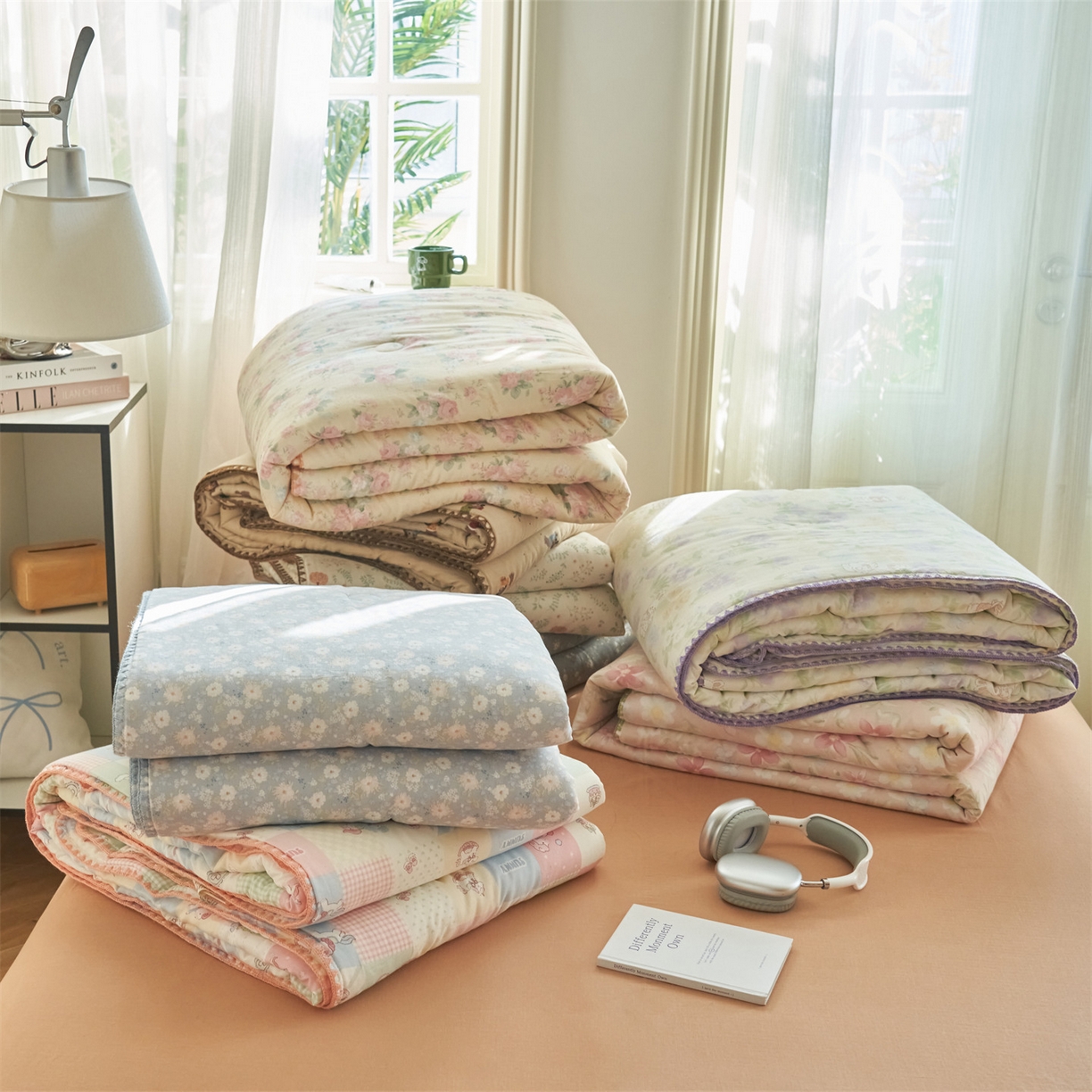 91家纺网 家纺一手货源 找家纺 恬思语家纺 2026春夏全棉双层纱棉花夏被空调被夏凉被四件套贝壳边系列 组合图仅供参考不可下单