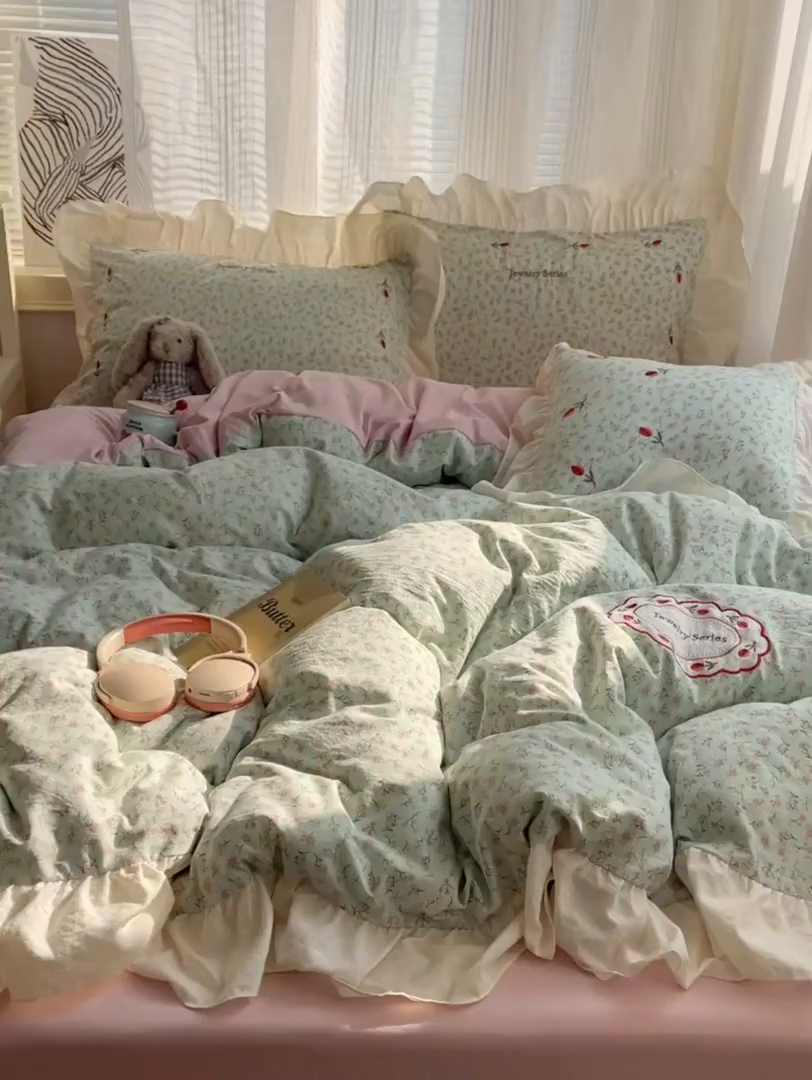91家纺网 家纺一手货源 找家纺 梦舒羽 2026新款A类云朵棉亲肤四季款刺绣1.8m四件套席床单宿舍绣花1.5米三件套 薄荷之夏（刺绣款）